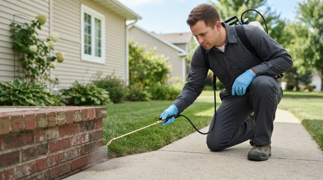 Pest control technician treating a home near Starksboro, VT